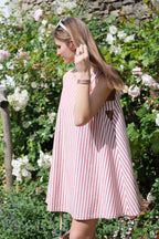 Robe courte évasée Isabella en coton biologique rayé rouge brique et écru