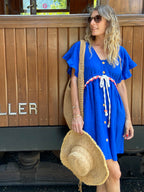 Robe Summer en lin bleu électrique portée de face Demoiselles Chéries